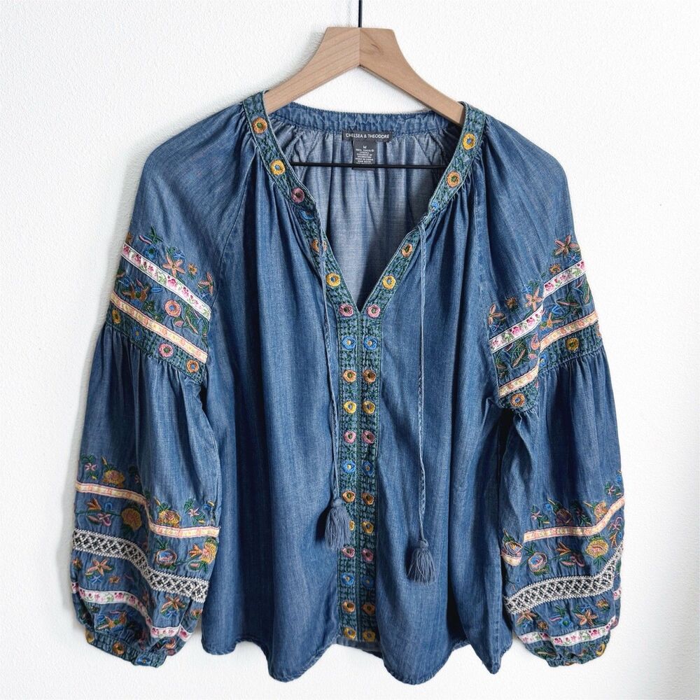 Chelsea & Theodore Top Womens Large Blue Floral Popover Coastal Cottagecore Boho